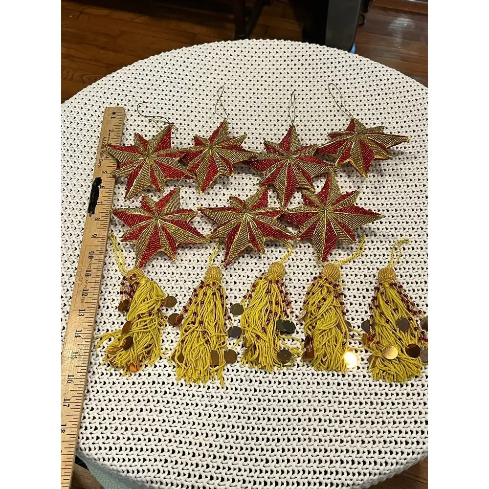Vintage Art Deco Beaded Star Tassel Christmas Ornaments Gold Red Sparkles Set